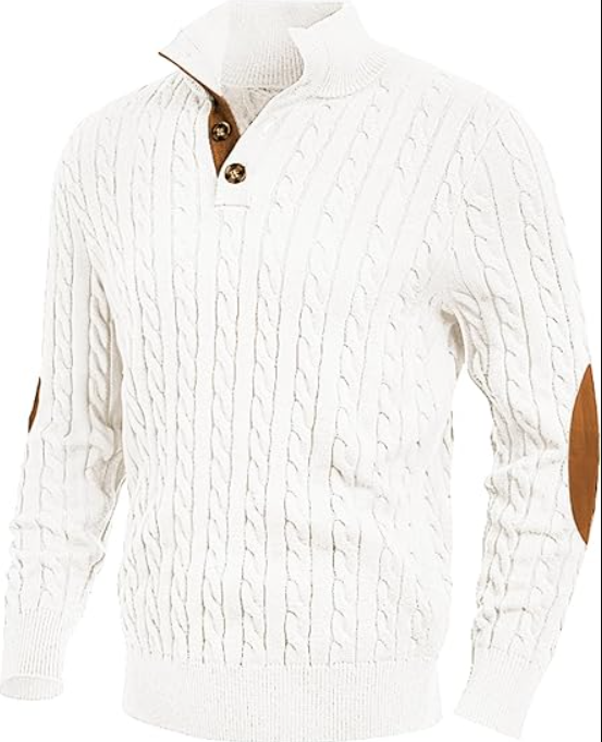 Men's Cable Knit Pullover Sweater Casual Long Sleeve Stand Collar Button Knitted Sweaters